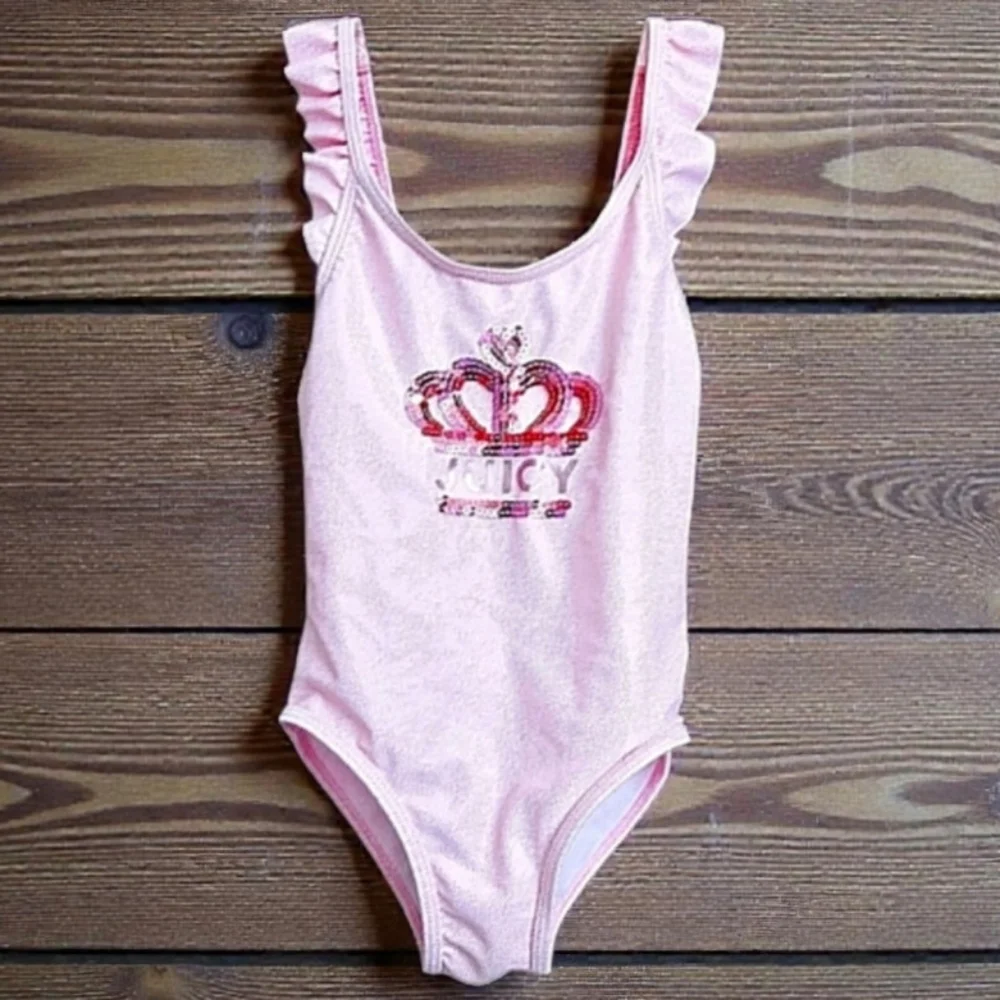 Juicy Couture Kids Crown Sequins Flutter Sleeve Tiny Dots Swimsuit, 5